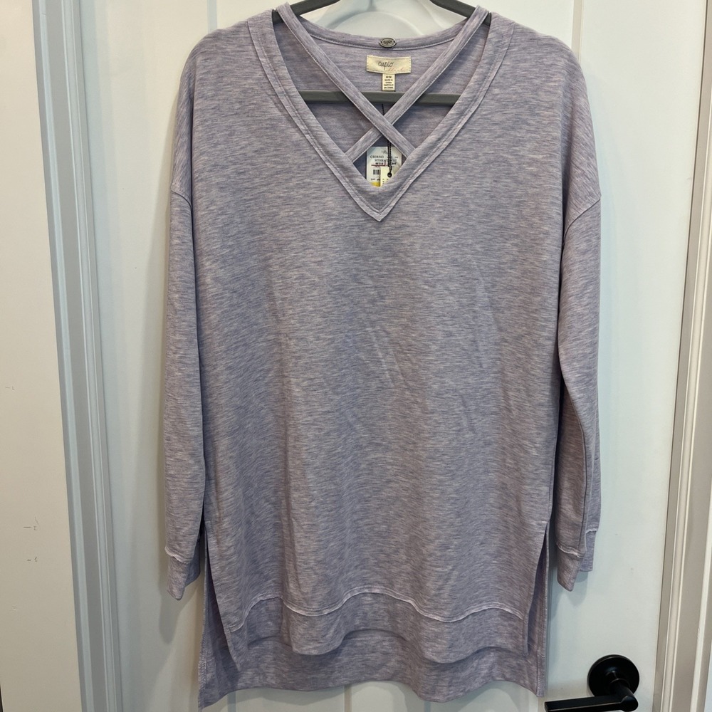 Cupio Sweatshirt Womens L Large Light Purple V Neck Strappy Long Slv Split Tail